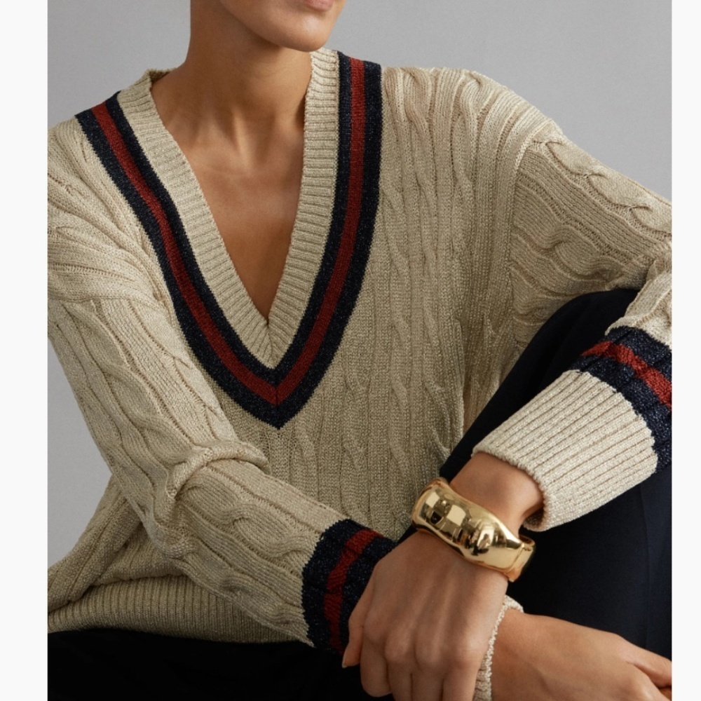 NWT TUCKERNUCK Garnet and Navy Stripe Gold Metallic Morrissey Sweater Size L